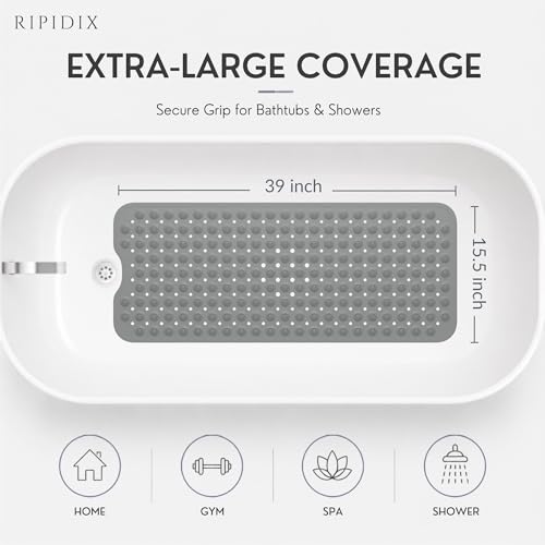 Bathtub Mat Non-Slip – 39" x 15.5" Extra Long Shower Mat with Suction Cups, BPA Free & Machine Washable, Textured Bath Mat for Tub, Ideal for Kids, Seniors & Pregnant Women, Gray - color: Gray