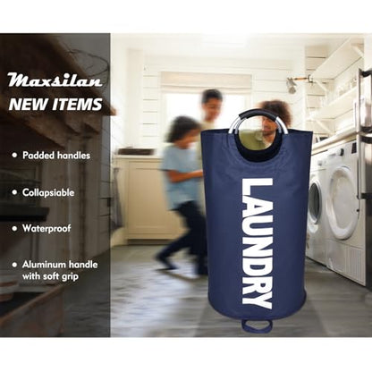 Maxsilan 90L Large Laundry Basket Bag, Collapsible Tall Hamper, Dark Blue | Freestanding tall laundry bag & foldable washing basket. Large capacity clothes storage bin with durable sturdy handles - color: Dark Blue, size: 90L