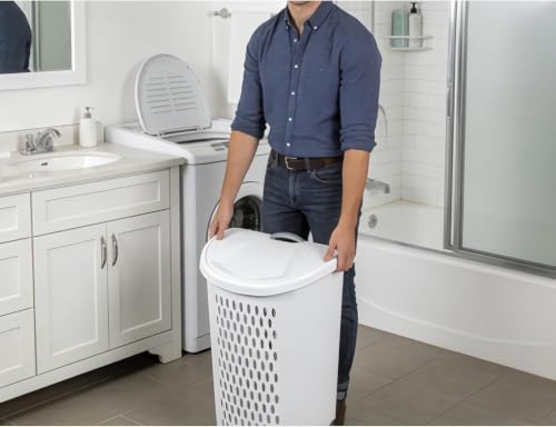 Wheeled Laundry Hamper with Retractable Handle, Plastic Rolling Laundry Basket for Easy Transport, Large 2-Bushel Capacity Clothes Hamper. Suitable for Laundry Rooms, Bathrooms, and Dormitories. White