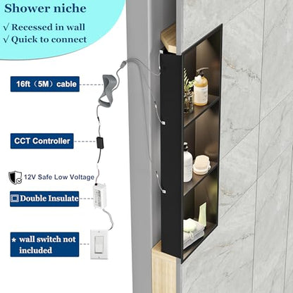 Matte Black 3-Tier 3CCT LED Niche, 12"x36" No-Tile Shower Storage | shower niche with 3-Temperature LED Strip Light (4000K/6000K/3000K),Waterproof, Sturdy&Durable,304 Stainless Steel Wall Niche - color: Matte Black, size: 12X36In
