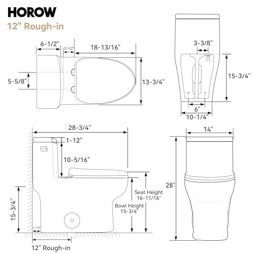 HOROW One-Piece Elongated Toilet, 1.28 GPF High Efficiency, Easy Cleaning Design, Left-Hand Flush Lever, Soft-Close Seat, Compact Modern Bathroom Toilet, 12'' Rough-In, White Ceramic Bowl - color: White with Single Flush, size: 12" rough in