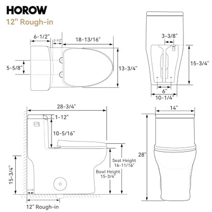HOROW One-Piece Elongated Toilet, 1.28 GPF High Efficiency, Easy Cleaning Design, Left-Hand Flush Lever, Soft-Close Seat, Compact Modern Bathroom Toilet, 12'' Rough-In, White Ceramic Bowl - color: White with Single Flush, size: 12" rough in