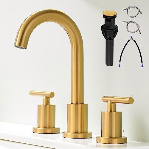 Brushed Gold Bathroom Faucet 3 Hole, 8 Inch Widespread Bathroom Sink Faucets 2 Handle Lavatory Faucet Gold Vanity Faucet with Pop-Up Drain & cUPC Faucet Supply Lines - color: Gold