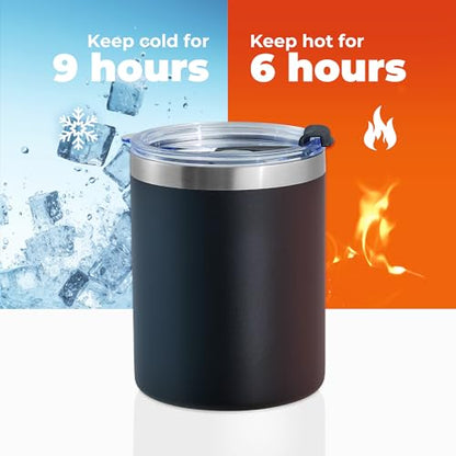 MEWAY 12 oz Lowball, Tumbler Stainless Steel Double Wall Vacuum Insulated Mug with Straw and Lid, Cleaning Brush ，Durable Powder Coated Insulated Coffee Cup for Cold & Hot Drinks (Black,4 pack) - color: Black