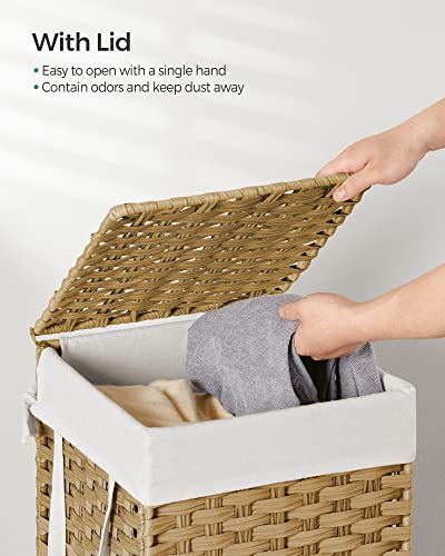 SONGMICS Laundry Hamper with Lid, 17.2 Gallon (65 L) Synthetic Rattan Clothes Laundry Basket with Lid and Handles, Foldable, Removable Liner, Goose Yellow ULCB165N01 - color: Goose Yellow, size: 65 L