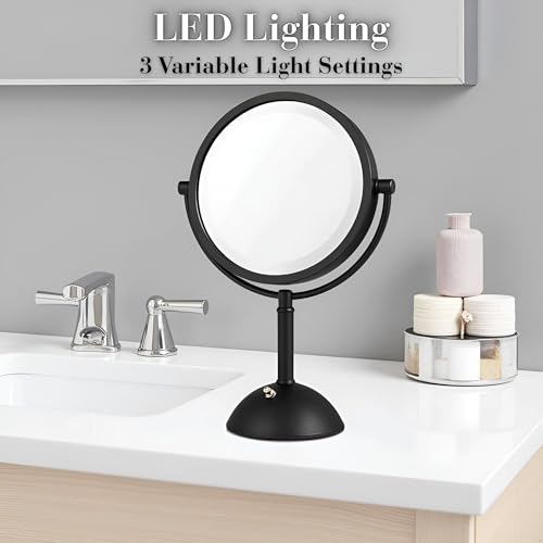 JERDON Lighted Makeup Mirror with 8X Magnification - Black - HL8808BKL | Two-Sided 1X View, 8.5" Round Frame, 16" Tall, LED Lighting - color: Black