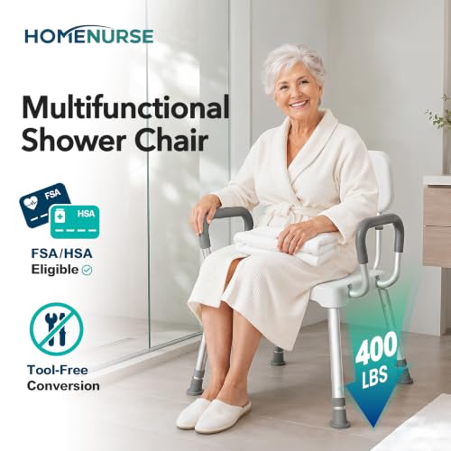 HOMENURSE Shower Chair for Inside Shower, 400 lbs, Wider Seat, Lightweight | 9-Level Height Adjustment, 2.55" Wider Suction Cups, Non-Slip, Tool-Free Conversion, for Seniors Disabled and Recovery - color: Gray