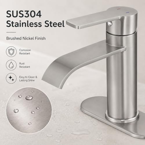 VOTON Bathroom Faucet Brushed Nickel Waterfall with Drain & Deck Plate | Waterfall Spout | Brushed Nickel | Lead-Free SUS 304 | Pop-Up Drain | 1/3 Hole Install | 6 in Deck Plate - color: Brushed Nickel