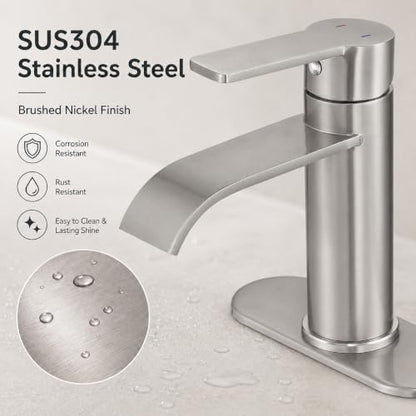 VOTON Bathroom Faucet Brushed Nickel Waterfall with Drain & Deck Plate | Waterfall Spout | Brushed Nickel | Lead-Free SUS 304 | Pop-Up Drain | 1/3 Hole Install | 6 in Deck Plate - color: Brushed Nickel