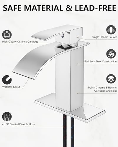 Midanya Waterfall Bathroom Faucet 1 Hole,Polish Chrome | with 24” Hoses,Pop Up Drain,6” Deck Plate,for 1 or 3 Hole Vanity,Lavatory,RV,Single Handle Bathroom Sink Faucet,NSF Certified - color: Chrome