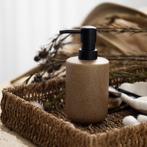 EMPO Ceramic Hand Soap Dispenser with Matte Black Pump, Stone-Textured Wabi-Sabi Liquid Dispenser for Bathroom Vanity and Kitchen Sink (350ml/11.83oz) - size: 350 ml