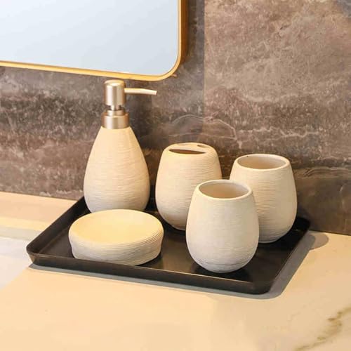 Bathroom Ceramic Accessories Set, 6 Piece Bathroom Set with Including Soap Dispenser Mouthwash Cup Soap Dish Toothbrush Holder Tray (White) - color: White