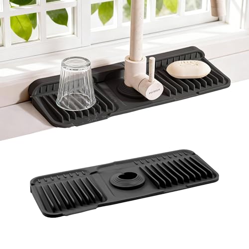 ZJWZLG Faucet Mat for Kitchen Sink, 14"X5.5" Silicone Sink Splash Guard , Snap-On Design & 7°slope Fast Drain, Folding Sink Faucet Mat for Universal Kitchen Bathroom Sink(Black) - color: Black, size: 14" x 5.5"