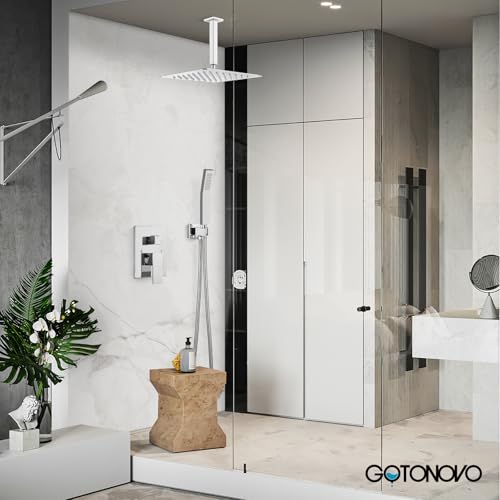 gotonovo Ceiling Shower System with Handheld Polished Chrome,12 inch Head | Ceiling Mount Bathroom Shower Faucet Set,SUS304 Rainfall Head and Handle Set Combo,Brass Valve Trim Kit,All Metal - color: Chrome, size: 12 inch Head