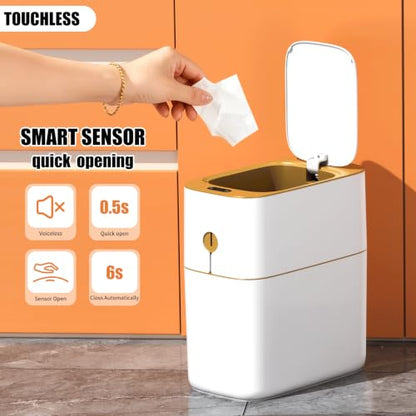 funest Smart Bathroom Trash Can with Lid, 3.6 Gallon Slim Motion Gold Sensor Garbage Bin with Inner Bucket, Trash Can with Lid Waterproof for Kitchen Office