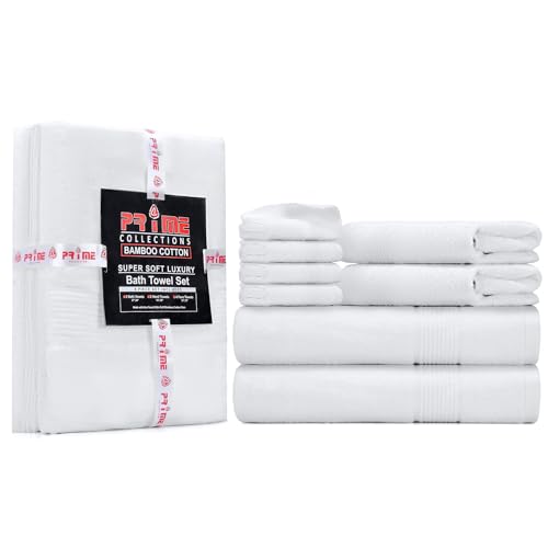 Ultra Soft Luxury Bath Towel Set 8 Piece Towels 600 GSM 2 Bath Towels 2 Hand Towels and 4 Washcloths Towel Sets, Viscose Made from Bamboo (White, 8) - color: White