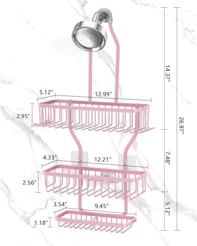 Pink Shower Caddy for Bathroom - Never Rust Hanging Shower Organizer with Soap Basket and Hooks - Large Capacity 3 Tier Aluminum Over The Showerhead Caddy - color: Pink