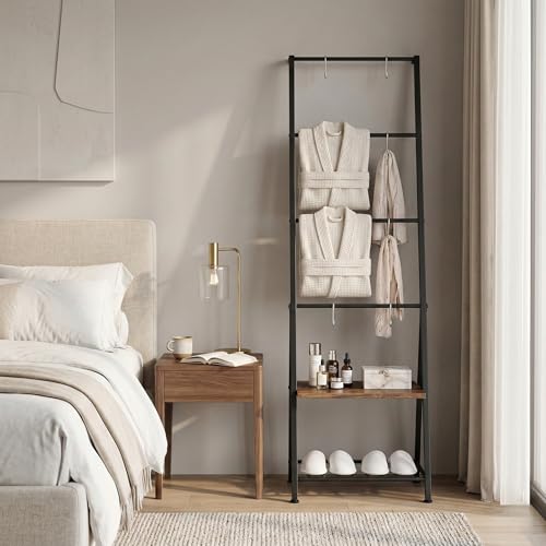 CADUKE Blanket Ladders for the Living Room, 6-Tier Rustic Blanket Rack Decorative Stand, Quilt Display Holder, Freestanding Towel Rack with Metal Frame, Wooden Shelf & 8 Hooks for Bedroom Bathroom