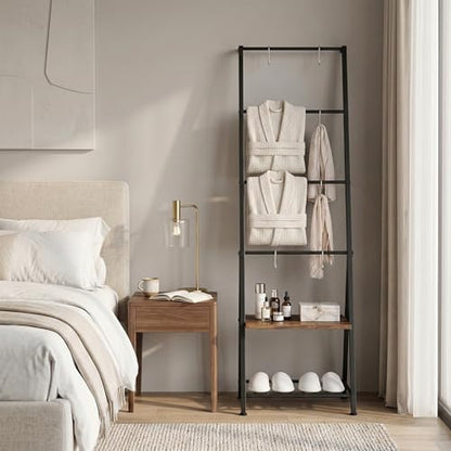CADUKE Blanket Ladders for the Living Room, 6-Tier Rustic Blanket Rack Decorative Stand, Quilt Display Holder, Freestanding Towel Rack with Metal Frame, Wooden Shelf & 8 Hooks for Bedroom Bathroom