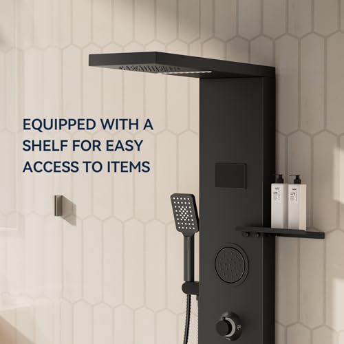 Homevacious 4 In 1 Shower Panel System with Shelf Matte Black | LED Rain Shower Head Adjustable Massage Body Jets 3 Functions Handheld Head Tub Spout Stainless Steel - color: Matte Black, style: LED Shower Panel