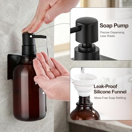 Shampoo and Conditioner Dispenser Set of 3, Amber | 16.9 oz Refillable Bottles, Black Pumps, No-Drill Wall Mount, 27 Labels, For Bathrooms, Hotels and Airbnbs - color: Dark Amber + Black Pump