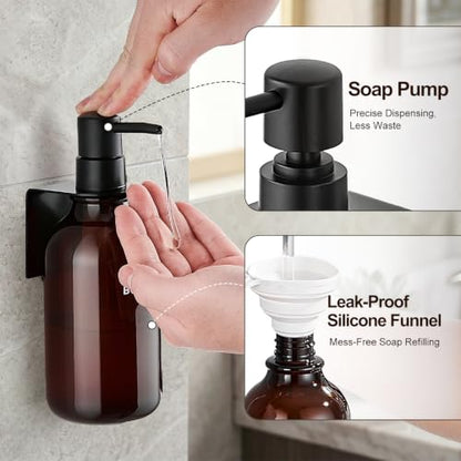 Shampoo and Conditioner Dispenser Set of 3, Amber | 16.9 oz Refillable Bottles, Black Pumps, No-Drill Wall Mount, 27 Labels, For Bathrooms, Hotels and Airbnbs - color: Dark Amber + Black Pump