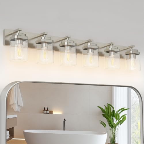 Brushed Nickel Bathroom Light Fixtures, 6 Lights Bathroom Lighting Fixtures Over Mirror, Square Design & Rectangle Large Backplate, Modern Vanity Lighting Fixtures, for Living Room/Bedroom - color: Brushed Nickel, size: 6-Light, 46" L