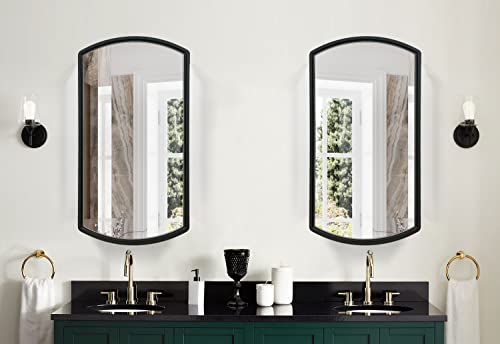 Arched 16" W x 26" H Aluminum Single-Door Bathroom Medicine Cabinet with Mirror, Recessed or Surface Mount Bathroom Wall Cabinet, Black Frame