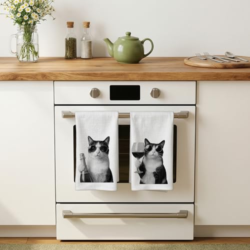 Funny Tuxedo Cat Wine Kitchen Dish Towels Set of 2- Tuxedo Cat Gifts, Gifts for Wine Lovers, Black and White Kitty Kitten Hand Tea Towels for Home Bar Kitchen, 16x24 Inches-041 - color: Wcolor 006