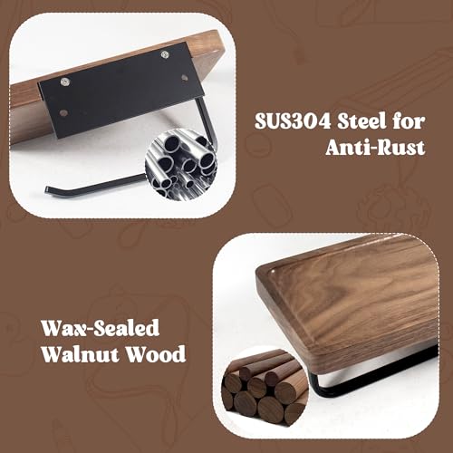 Toilet Paper Holder with Walnut Wood Shelf – Adhesive or Wall Mounted Bathroom Storage Organizer, Rustic Modern Wood and Metal Roll Rack for Small Spaces, RV, Guest Toilet