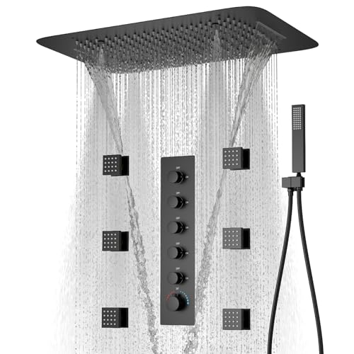 Matte Black Shower System Ceiling Shower Faucet Set with 6PCS Body Jets, 5-Function Thermostatic Shower valve,16 * 24 Inch Shower Head and Handheld Sprayer - color: Matte Black