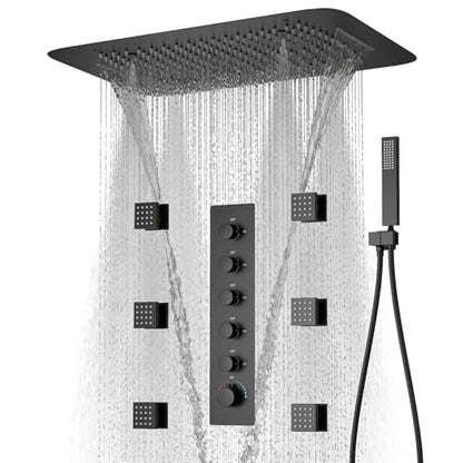 Matte Black Shower System Ceiling Shower Faucet Set with 6PCS Body Jets, 5-Function Thermostatic Shower valve,16 * 24 Inch Shower Head and Handheld Sprayer - color: Matte Black