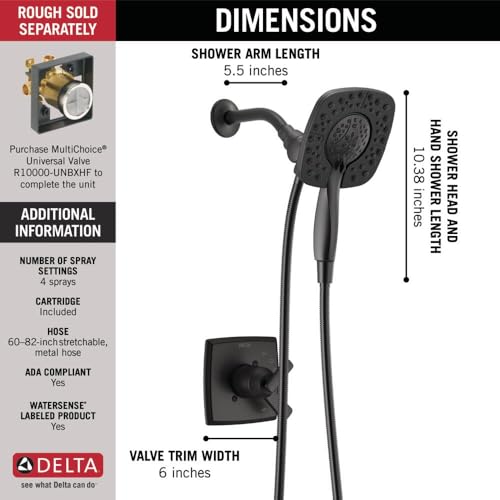 DELTA Faucet Ashlyn 17 Series Dual-Handle Shower Trim Kit with In2ition 2-in-1 Head with Handheld Spray, Matte Black Fixture, T17264-BL-I (Valve Not Included) - color: Matte Black