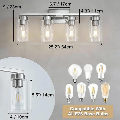 4-Light Bathroom Light Fixtures, Nickel Modern Vanity Lights Over Mirror, Bathroom Wall Sconces with Clear Glass Shade for Living Room Bedroom Hallway Cabinet Porch - color: Nickel