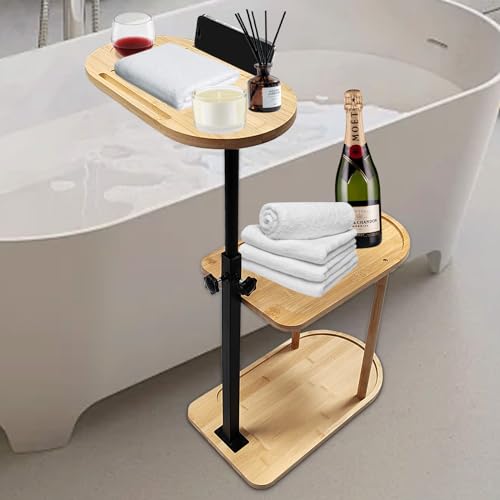 3 Layer Bath Tub Tray Table Liftable Freestanding Bamboo Bath Tray Caddy for Tub Against Wall Shelf Bathroom Organizer Shelf for Luxury Spa (Oval) - color: Oval