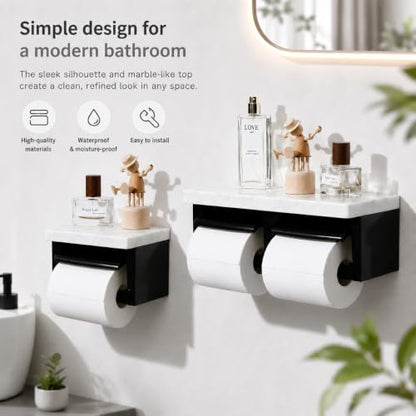Toilet Paper Holder with Shelf- with Toilet Paper Cutting Function, Modern Toilet Paper Holder Wall Mounted for Bathroom Washroom (Marble Black&Black, Single) - color: Marble Black&black, size: Single