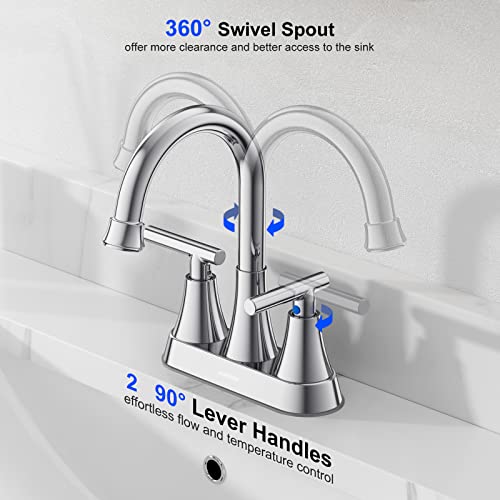 Bathroom Faucet, Hurran 4 inch Centerset 2-Handle Lead-Free, Chrome | Bathroom Sink Faucet with Pop-up Drain and Supply Lines, Stainless Steel Faucet for Vanity RV Restroom Laundry Outdoor Sink - color: Chrome