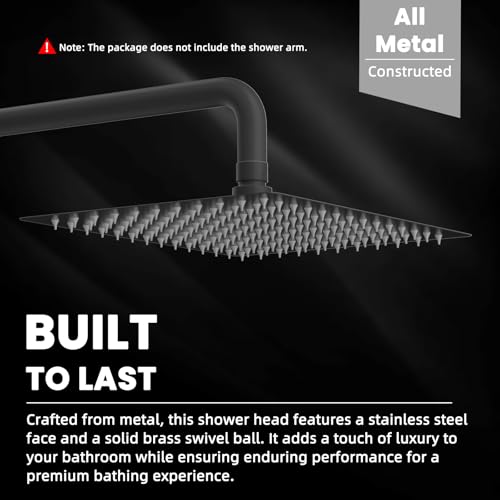 Hibbent All Metal 12 Inch Shower Head, High Pressure Stainless Steel Rain Showerheads, Bathroom Rainfall Showerhead with Ultra-thin Design, Adjustable Brass Ball Joint, Silicone Nozzles, Matte Black - color: Matte Black, size: 12 Inch