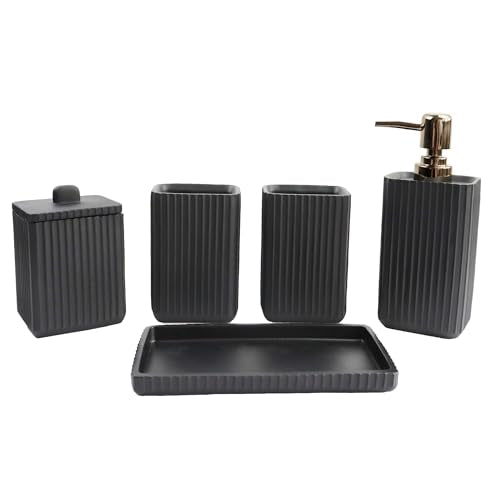 Hymmah Black Bathroom Accessories Set,Unique Design Bathroom Set 5 Pcs Resin Gift Set Apartment Necessities, Contain Cotton Swab Jar,Soap Dispenser,Soap Dish/Tray,Tumbler - color: Black 5