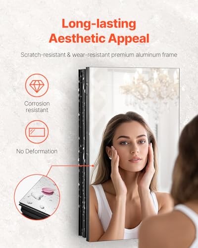 VEVOR Medicine Cabinet, 14 x 24 inches, Medicine Cabinet for Bathroom with Mirror, Aluminum Frame Bathroom Wall Cabinet, 2-Layer Adjustable Shelves, Recessed & Wall-Mounted Installation - size: 14x24in