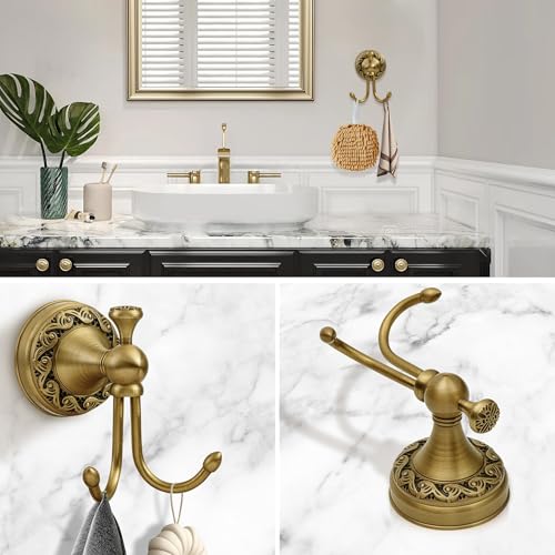 Brass Towel Hook, Antique Brass Bathroom Robe Hooks, Double Rustic Towel Hooks Bath Farmhouse Coat Clothes Hook Wall Mounted for Bathroom Kitchen Washroom Bedroom - color: Brass