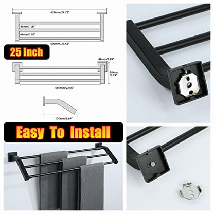Alise GK9009 SUS304 Stainless Steel Bathroom Double Towel Bar Towel Rack Hanger (Matte Black, 24-Inch(3-Bars)) - color: Matte Black, size: 24-Inch (3-Bars)