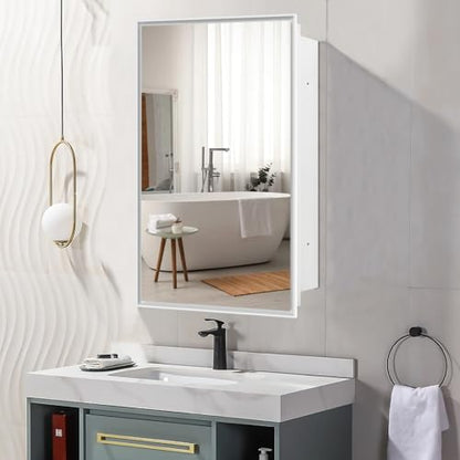 Plastic Medicine Cabinet with Mirror 16x26 inch, Recessed Medicine Cabinet or Surface Wall Mount Bathroom Cabinets with Adjustable Shelves, White Frame Mirror Cabinet - style: CS5003A-1626
