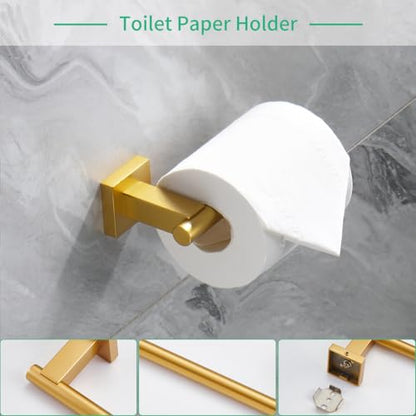 Miyili 4-Pieces Gold Bathroom Accessories Set Bath Hardware Kit - Includes Double Towel Bar, Hand Towel Rack, Toilet Paper Holder, Robe Hook, BS02G4A - color: Gold