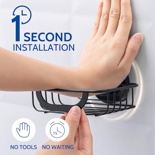 Soap Holder,Soap Dish,Suction Cup,with Hooks,Stainless Steel,Black | bar soap holder,storage soap & sponge for bathroom,shower,kitchen,sink,wall mounted,no drilling removable waterproof - color: Black-1 Tier