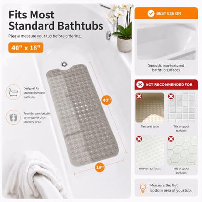 Yimobra Non Slip Bathtub Mat 40 x 16 Inch, Extra Long Shower Mat with Drain Holes, Machine Washable Baby Bath Mats, Strong Suction Cups for Bathroom Floor, Clear Grey - color: Clear Grey