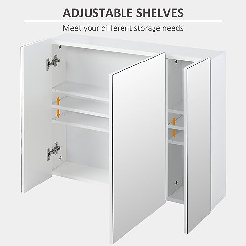 kleankin Bathroom Medicine Cabinet with Mirror, 3 Doors, Wall Mount, White | Bathroom Mirror Cabinet, Adjustable Shelves