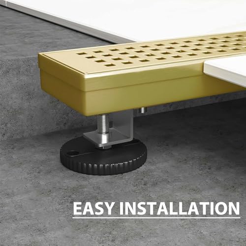 SaniteModar Linear Shower Drain 18 inch Brushed Gold with Square Hole Panel | AISI 304 Stainless Steel Brushed Gold Linear Dain Rectangle Shower Floor Drain with Hair Strainer and Leveling Feet - color: Brushed Gold, size: 18 inch