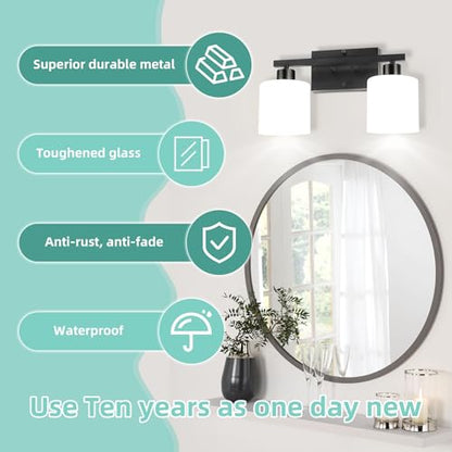 SILAMPDI 2-Light Bathroom Lighting Fixtures, Black Modern Vanity Lights Wall Lamp with Milky White Glass Shades for Mirror Kitchen Living Room Hallway Cabinet Porch, Bulbs Not Included - color: Black-2Light