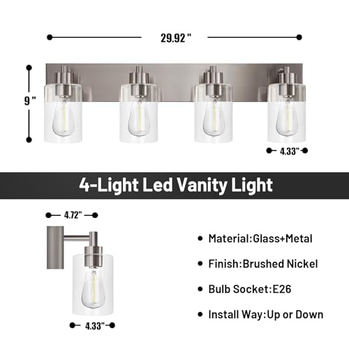 4-Light Brushed Nickel Bathroom Vanity Lights, Clear Glass | Brushed Nickel Metal Frame,Up/Down Wall Mount,cylinder Glass Shade,Kitchen Hallway Bedroom Indoor Use,Easy Install,E26 Base - size: 4-light